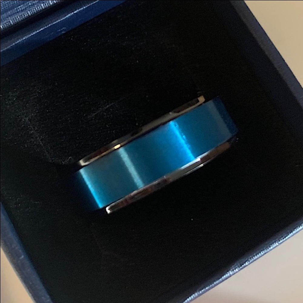 8mm Black Tungsten Carbide sea Blue Brushed center wedding Ring for Men